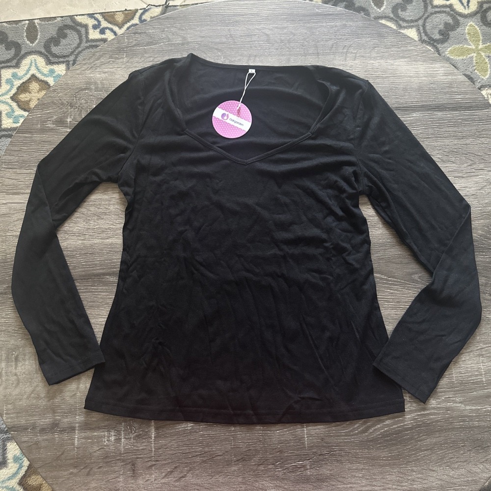 Oakgarden Womens Black Lightweight Long Sleeve V-Neck Knit Top Size L Shirt